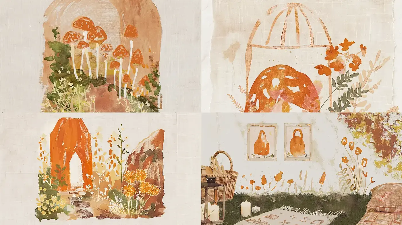 Warmly Textured Illustrations with Earthy Tones and Nature Motifs - Midjourney sref style