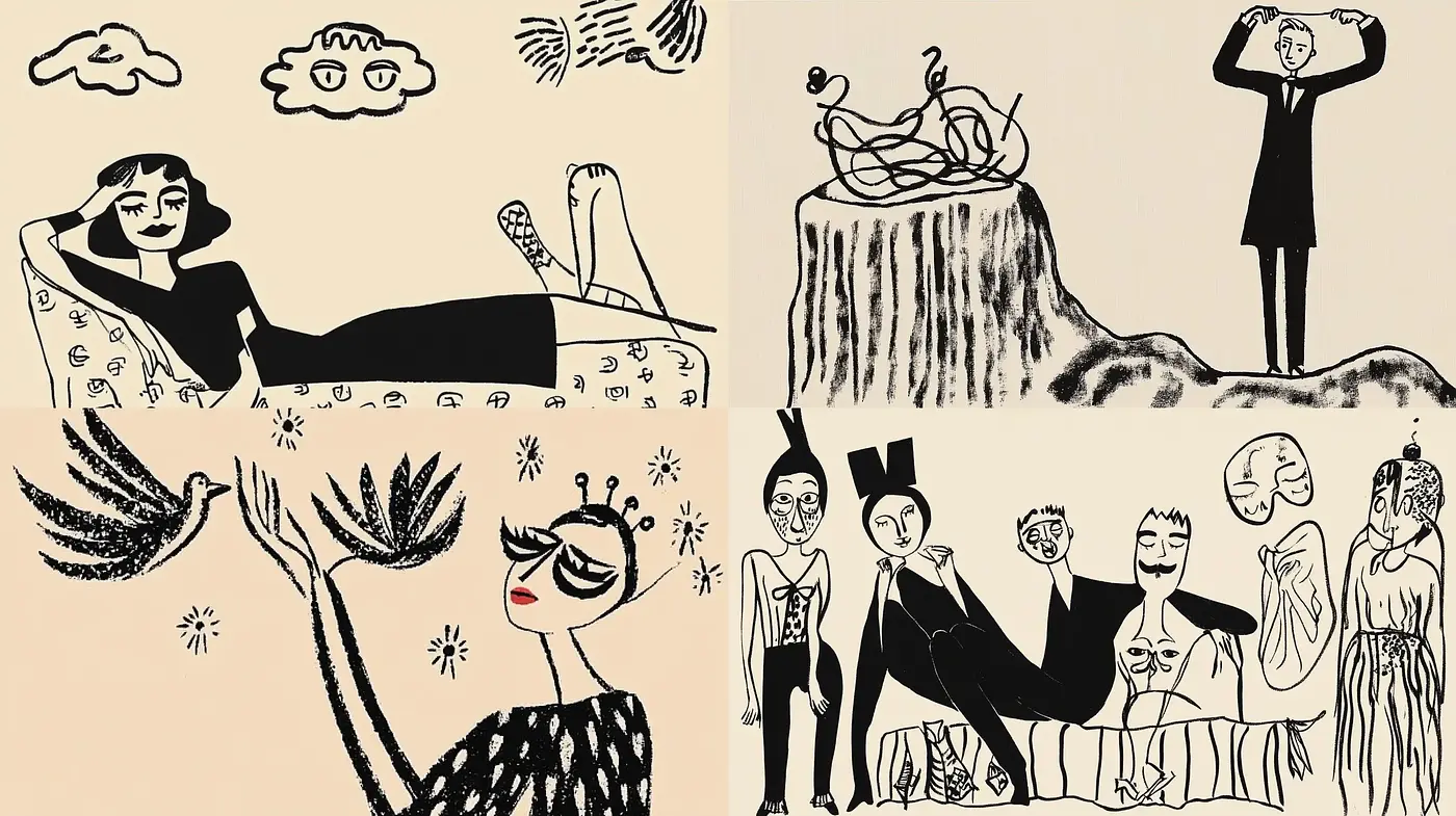 Surrealistic Whimsy in Monochromatic Line Art - Midjourney sref style