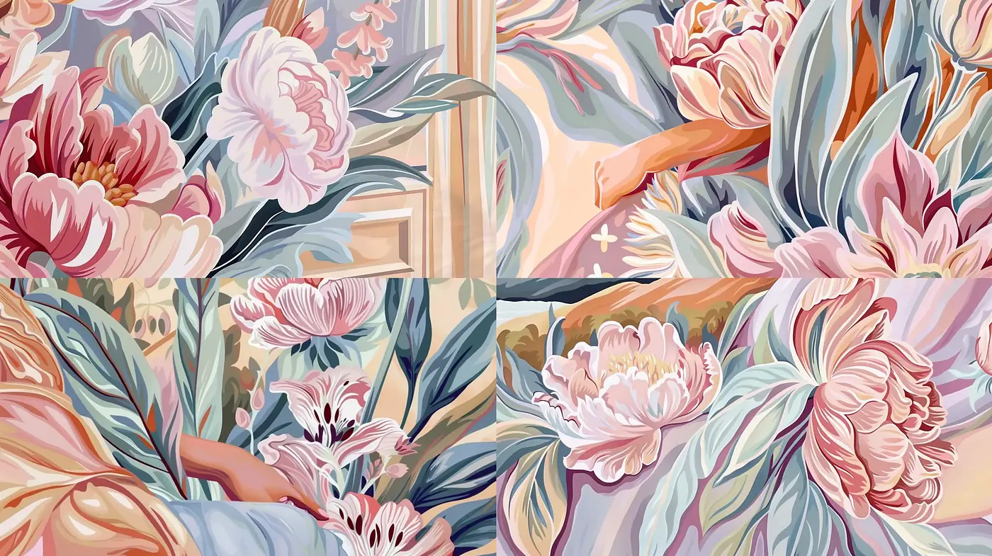 Elegantly Stylized Floral Paintings with Pastel Harmony - Midjourney sref style