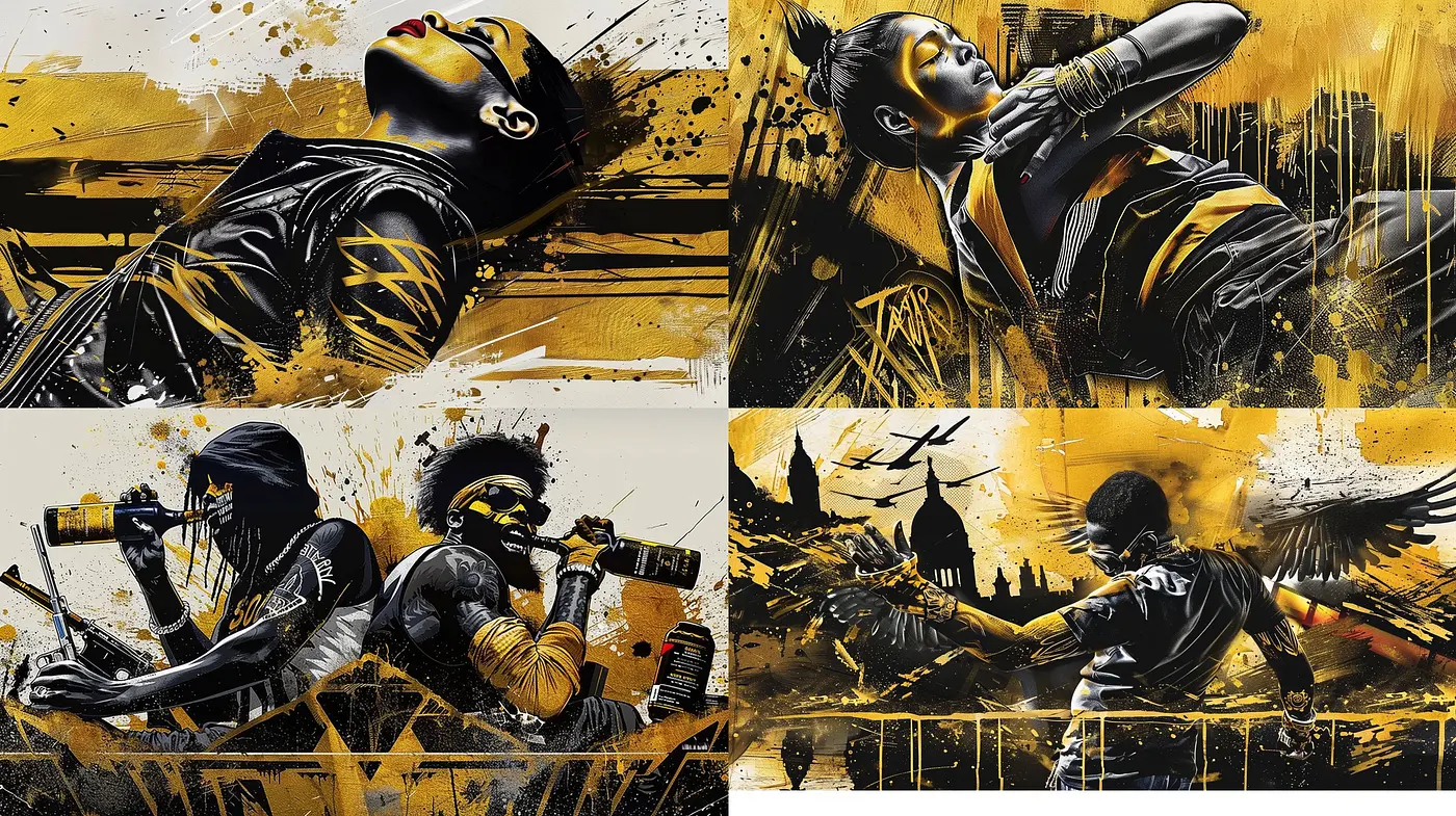 Dynamic Brushstrokes and Urban Energy in Sepia and Charcoal Tones - Midjourney sref style