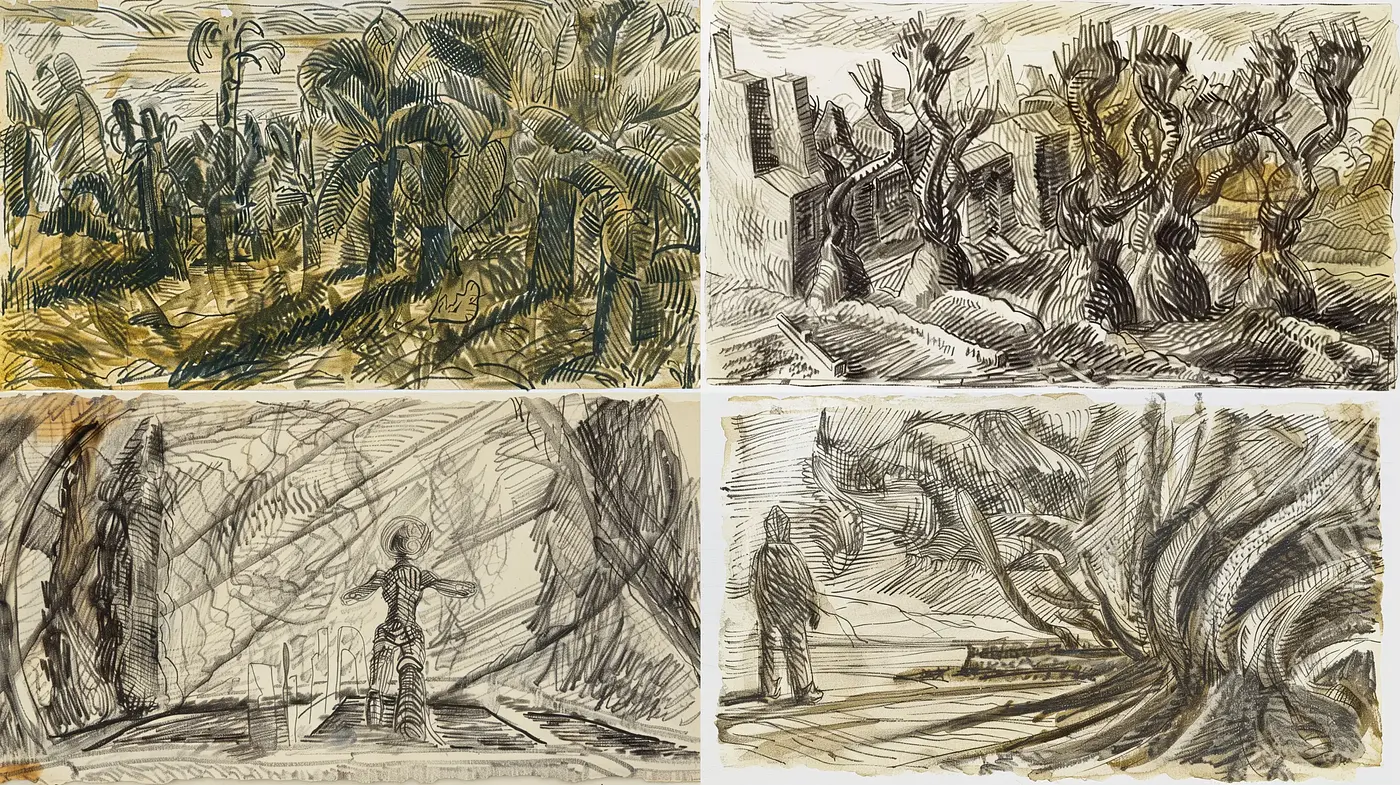 Whimsical Scratchboard Illustrations with a Mysterious Undercurrent - Midjourney sref style