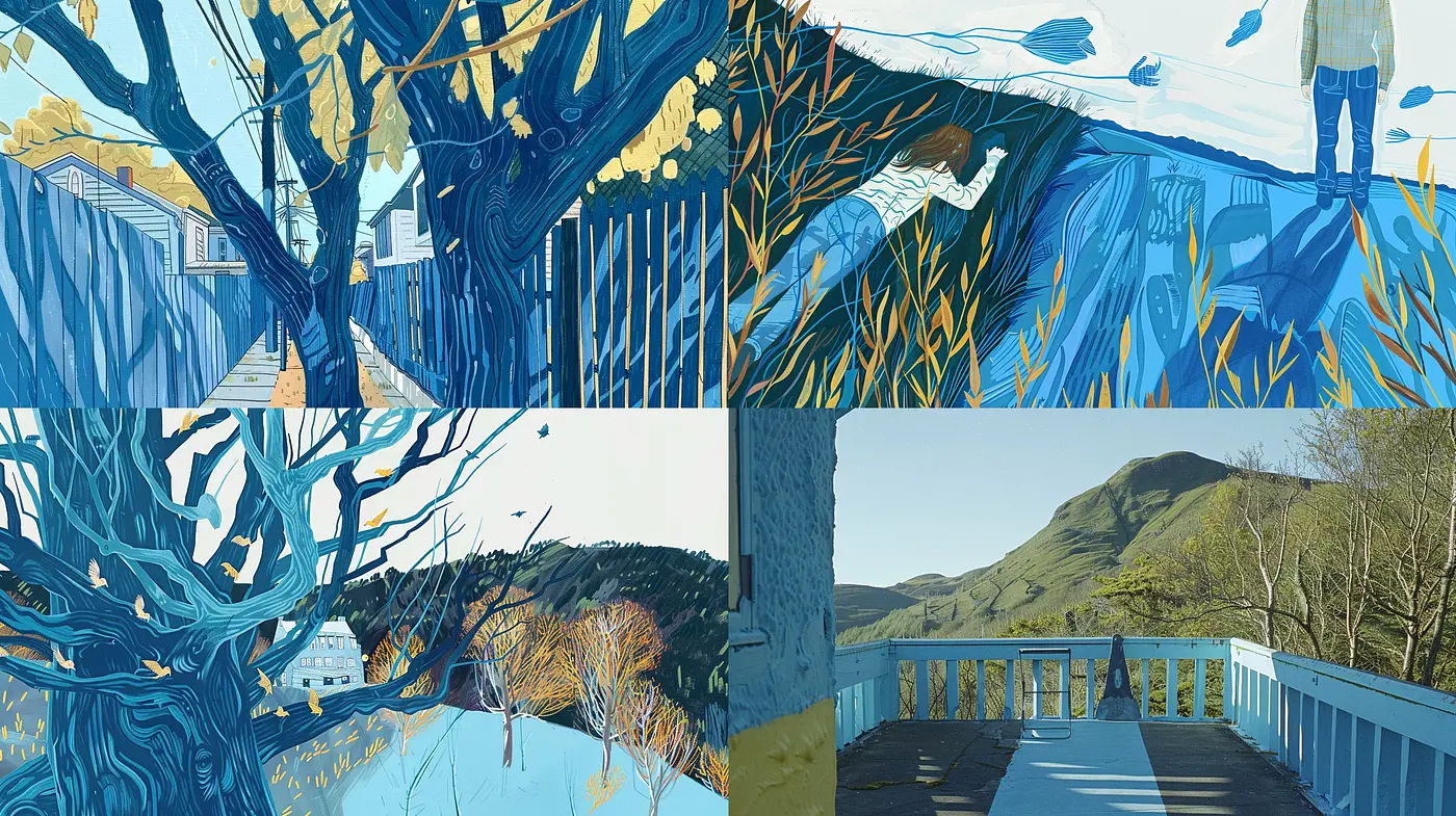 Serene Blue-Golden Hues Emanate a Vintage Whimsy in Artistic Harmony - Midjourney sref style