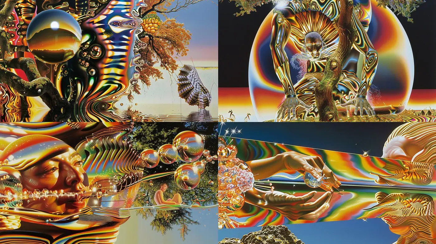 Surreal Iridescent Dreamscape: A Consistent Synthesis of Psychedelic Visions - Midjourney sref style