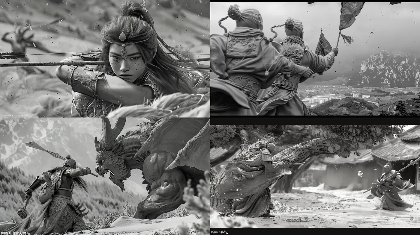 Monochromatic Epochs: A Harmonious Blend of Dynamic Action and Timeless Grace - Midjourney sref style
