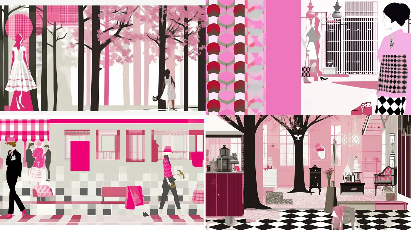 Whimsical Checkered Dreamscape in Monochrome Pinks and Blacks - Midjourney sref style