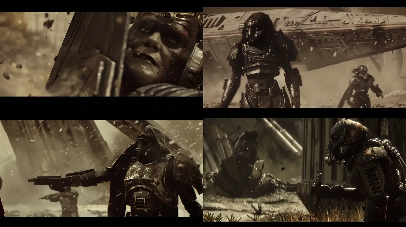 Dystopian Warzone: A Cinematic Homage in Sepia Tones - Midjourney sref style
