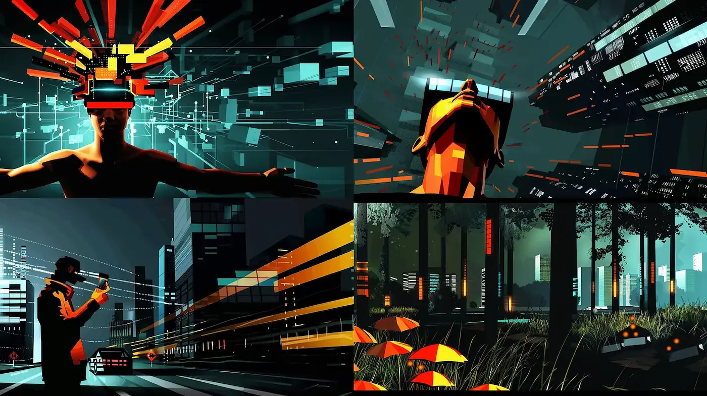 Futuristic, geometric abstraction with a vivid cyberpunk essence - Midjourney sref style
