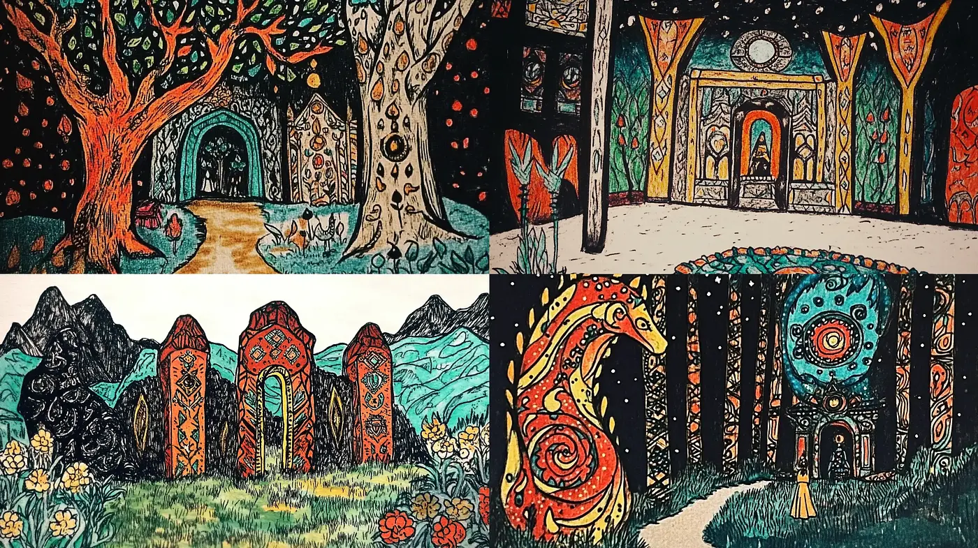 Enchanted Whimsical Landscapes with Vivid Textures and Dreamy Chromatic Harmony - Midjourney sref style