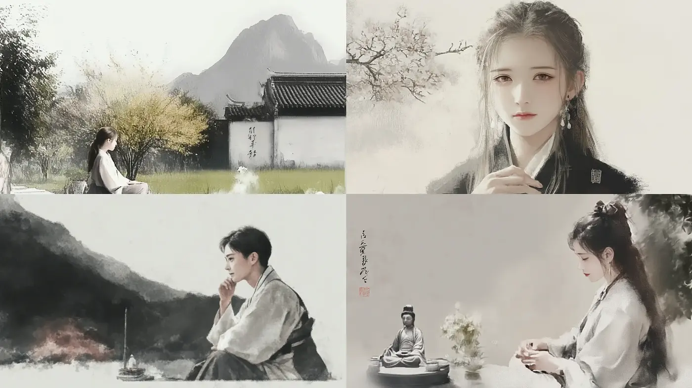 Ethereal Ink Wash Harmony: A Meld of East Asian Traditional Art and Photorealism - Midjourney sref style