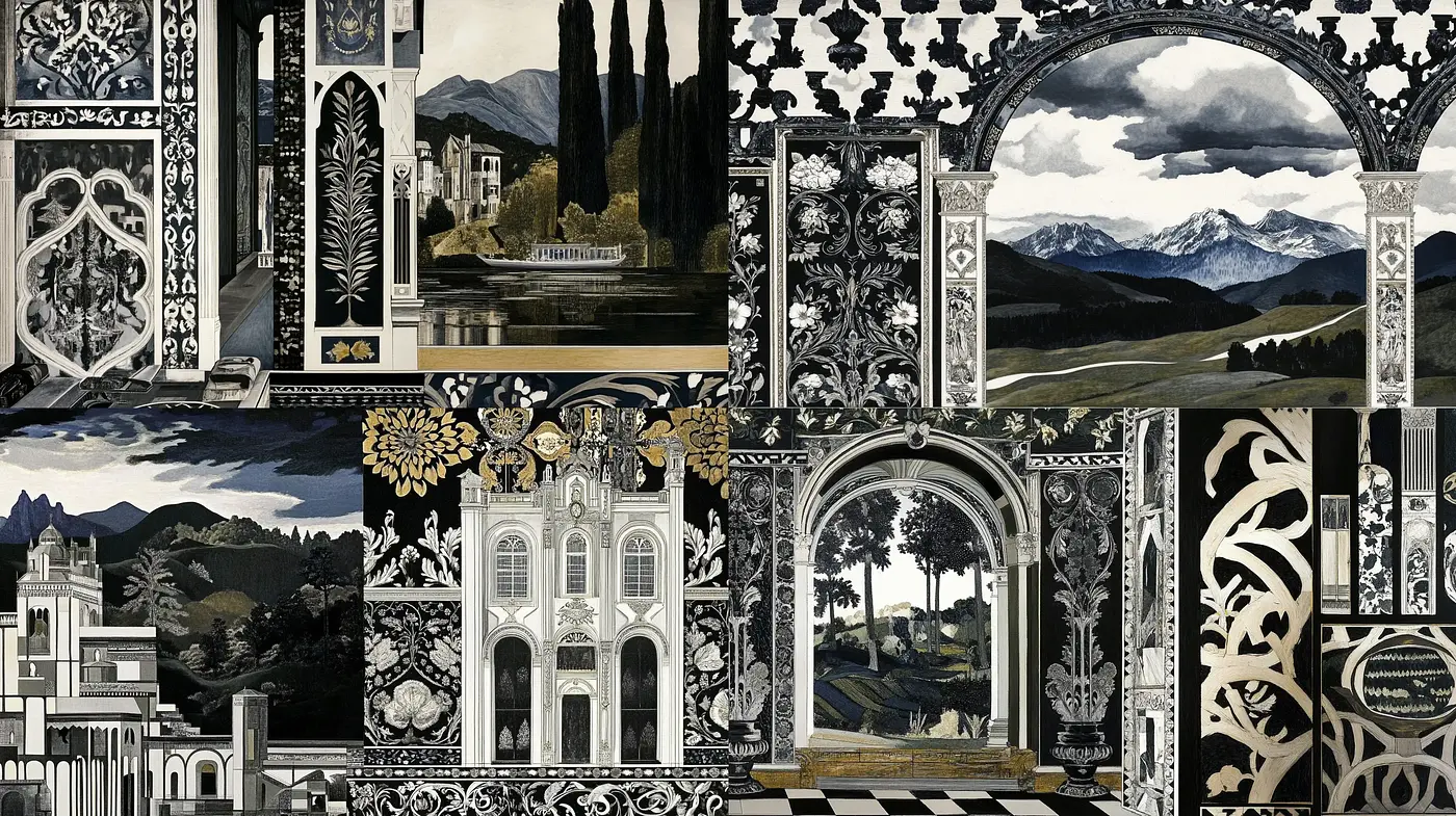 Monochromatic Architectural Montage with Gold Accents - Midjourney sref style
