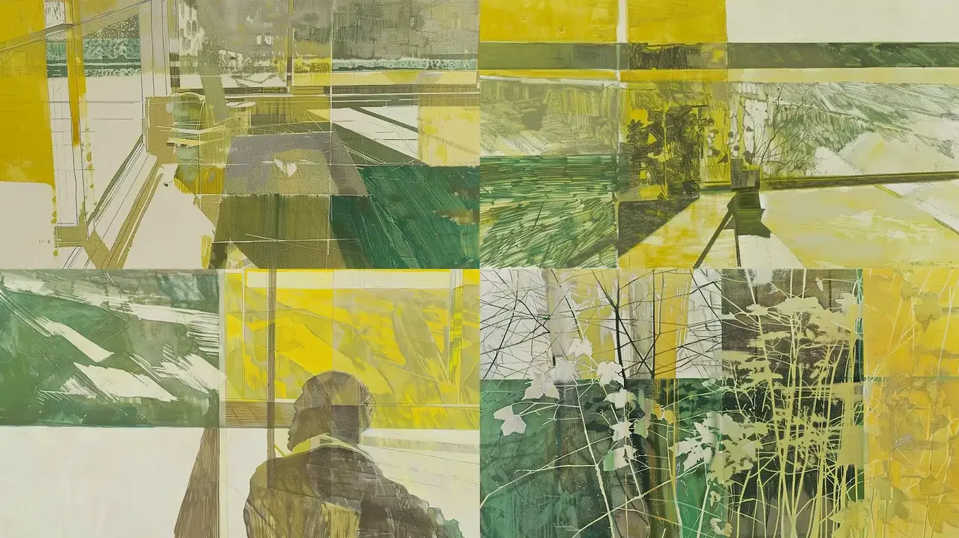 Contemporary Abstract Composition with Vintage Undertones and Nature Elements - Midjourney sref style