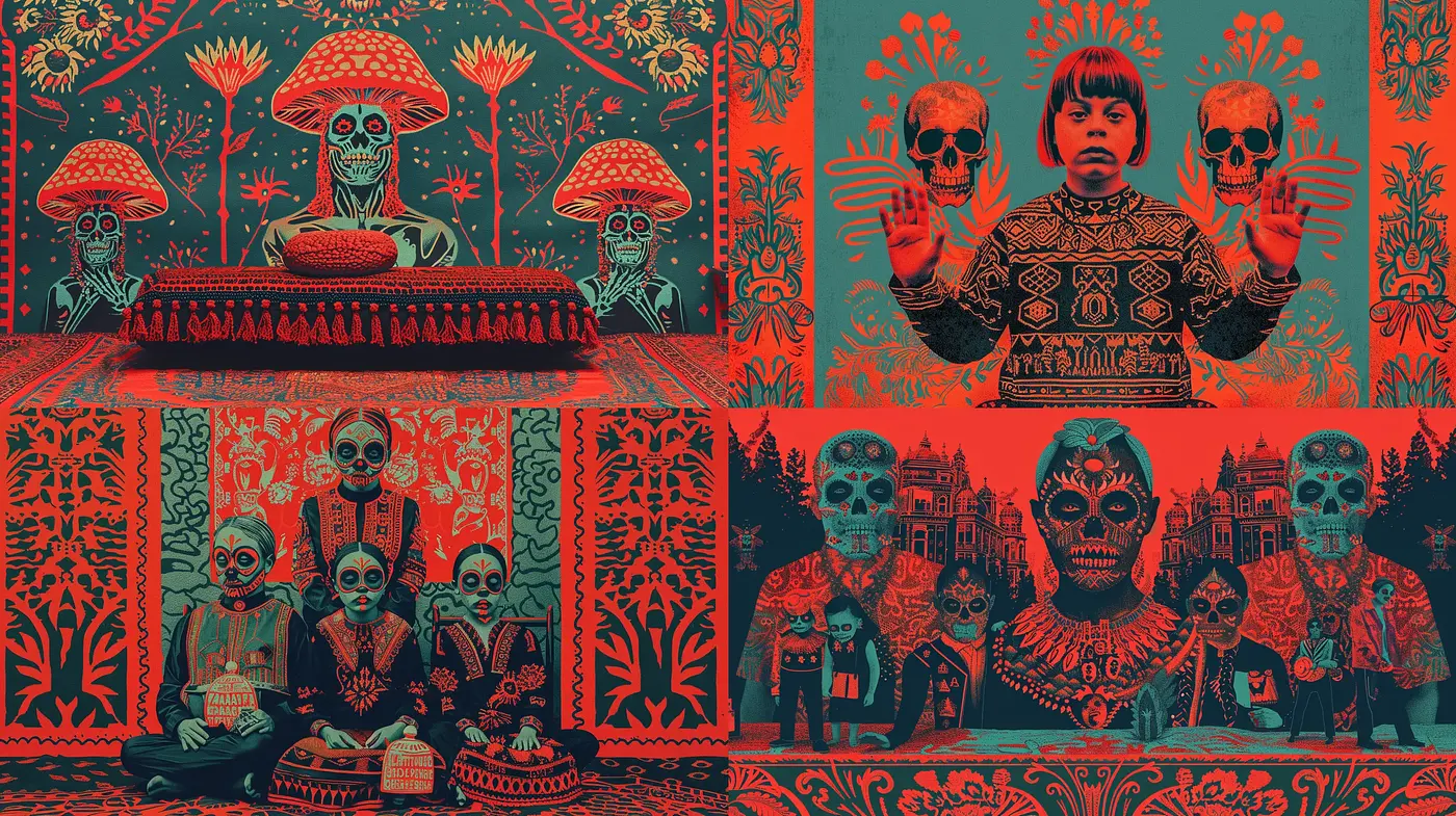 Folkloric Elegy in Turquoise and Crimson - Midjourney sref style