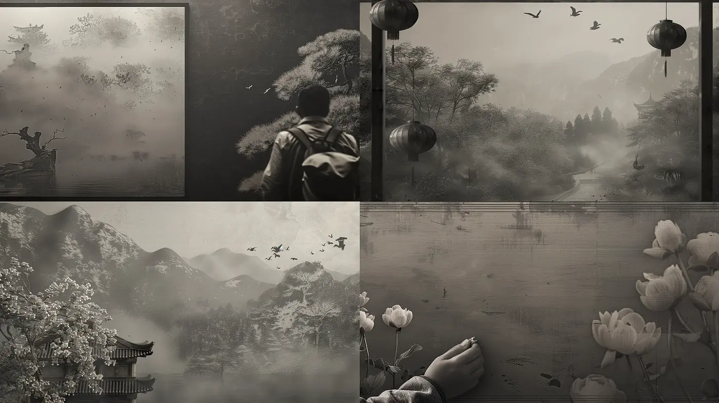 Monochromatic Serenity: A Homage to Traditional East Asian Ink Wash Paintings - Midjourney sref style