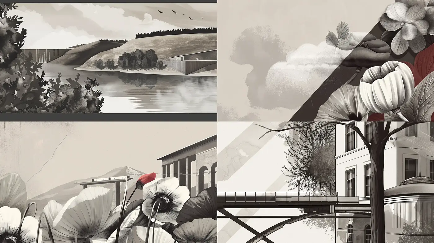 Monochromatic Serenity: A Harmonious Blend of Nature and Architecture - Midjourney sref style