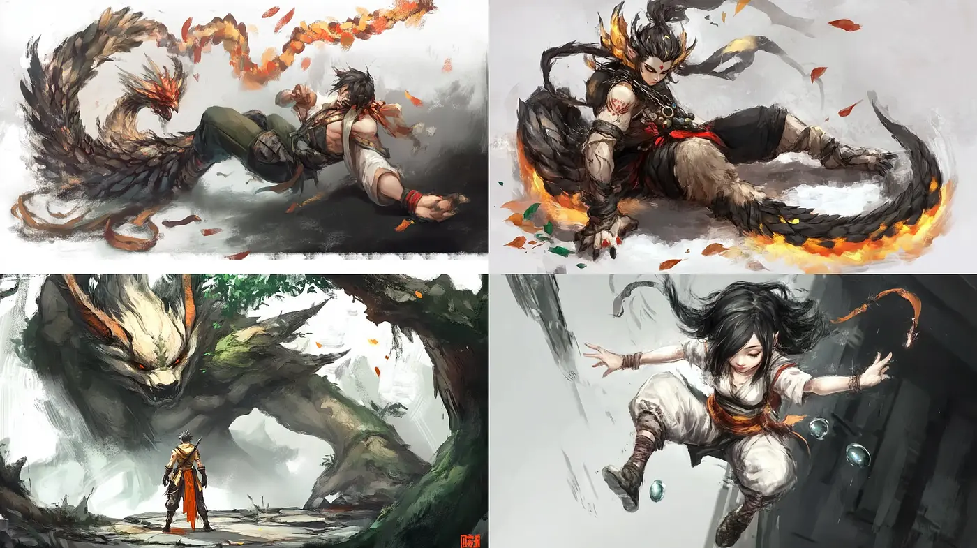 Dynamic Brushwork and Earthy Tones in Mythical Action - Midjourney sref style