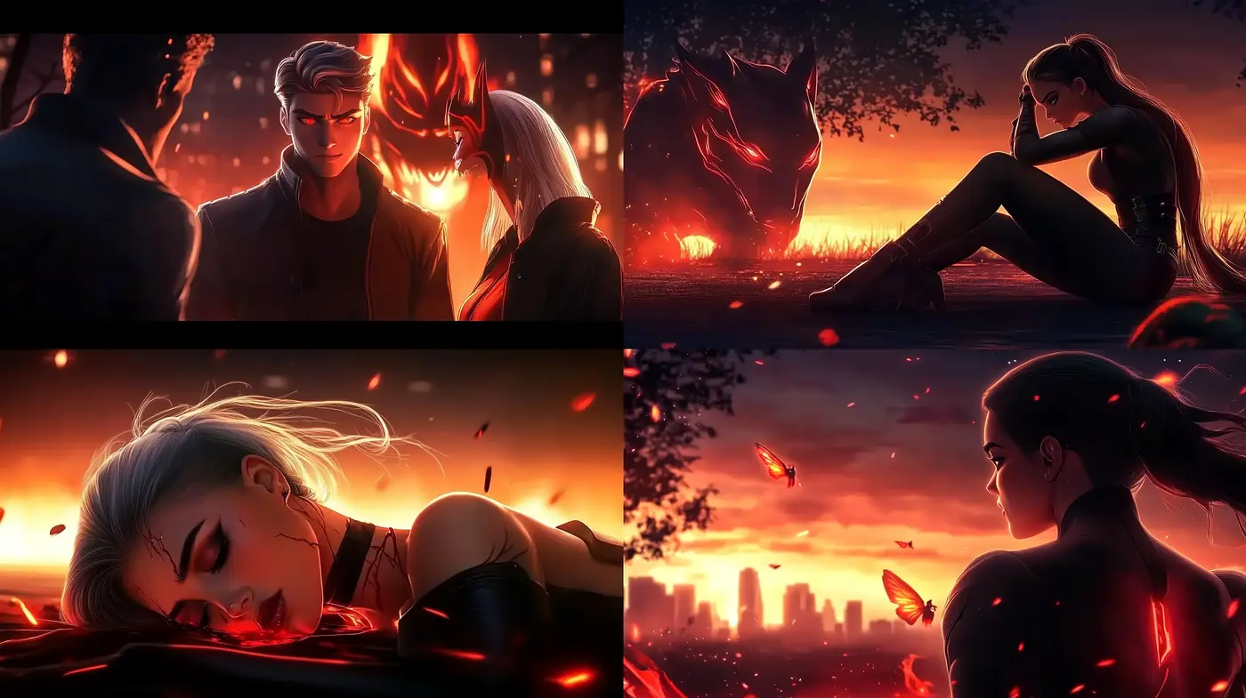 Fiery Twilight Hues and Lustrous Illustration Ensemble - Midjourney sref style