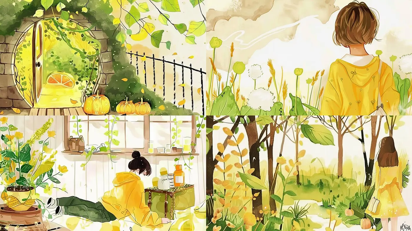 Whimsical Nature's Embrace: A Harmonious Blend of Warm Hues and Illustrated Tranquility - Midjourney sref style