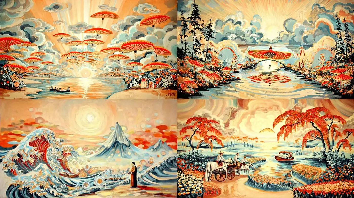 Vibrant and Harmonious Interplay of Nature and Elements in a Whimsical Asian Landscape - Midjourney sref style