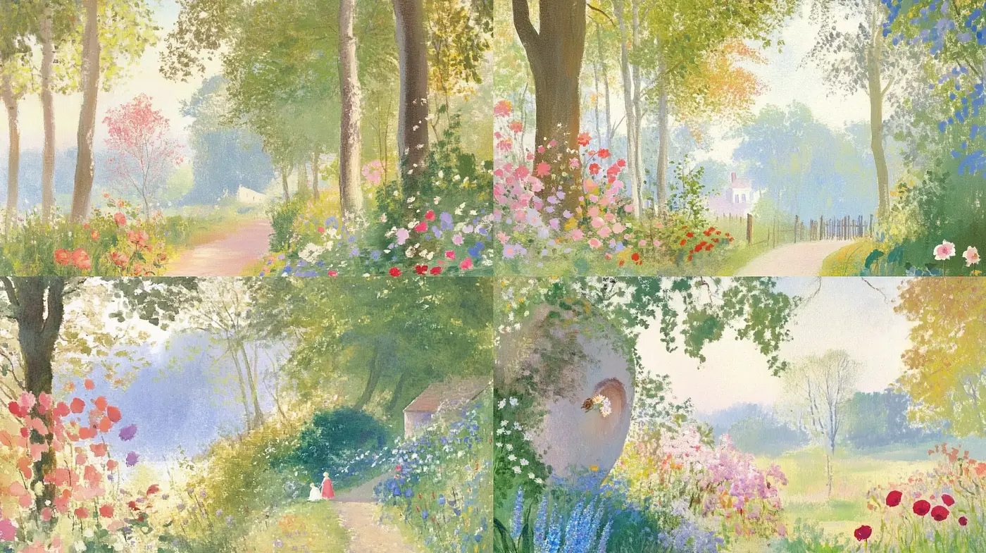 Ethereal Pastoral Symphony: A Tranquil Brushwork Ballet in Spring’s Hues - Midjourney sref style