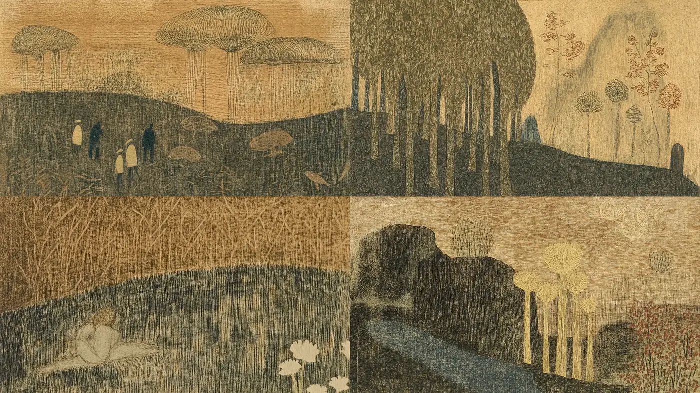 Aged Tapestry of Mythical Landscapes: A Homage to Ancient Textures and Earthy Tones - Midjourney sref style