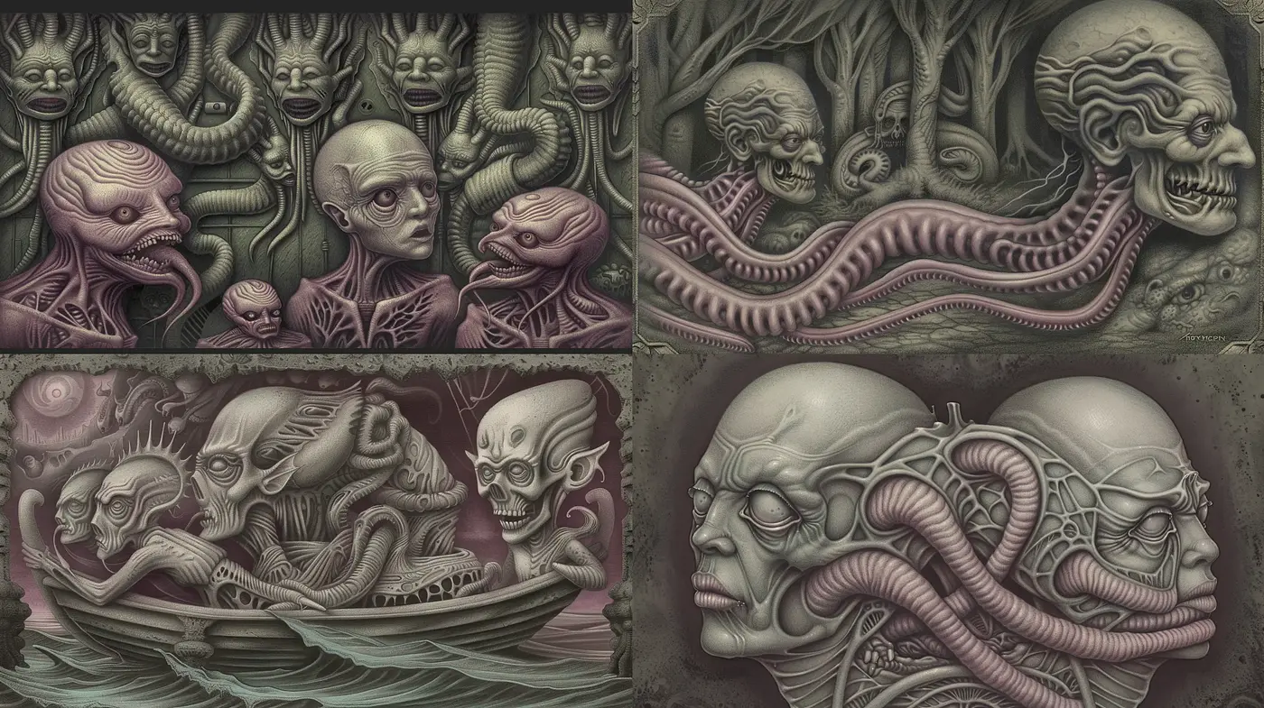 Surrealistic Echoes in Sepia: A Homogeneous Vision of Disturbing Elegance - Midjourney sref style