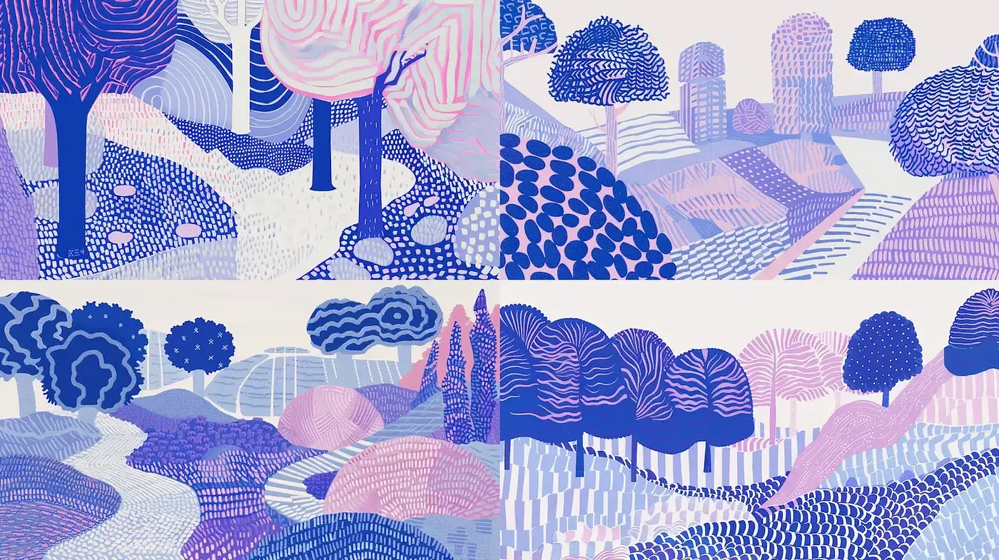 Playful and whimsical landscape patterns in muted color tones - Midjourney sref style