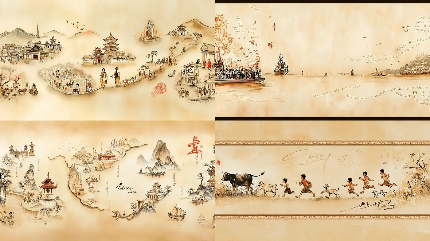 Harmonious Traditional East Asian Landscape Illustrations with a Serene Essence - Midjourney sref style