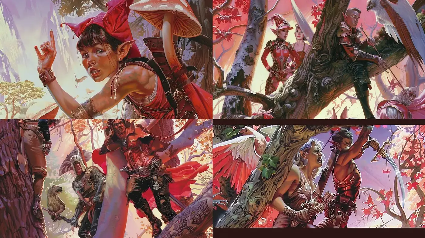 Dynamic Fantasy Illustrations with Vivid Color Contrasts and Detailed Textures - Midjourney sref style