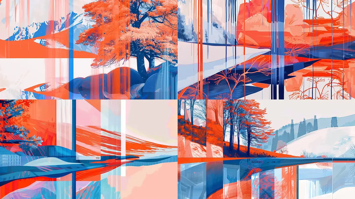 Abstract landscapes with vibrant geometric composition and contrasting textures - Midjourney sref style