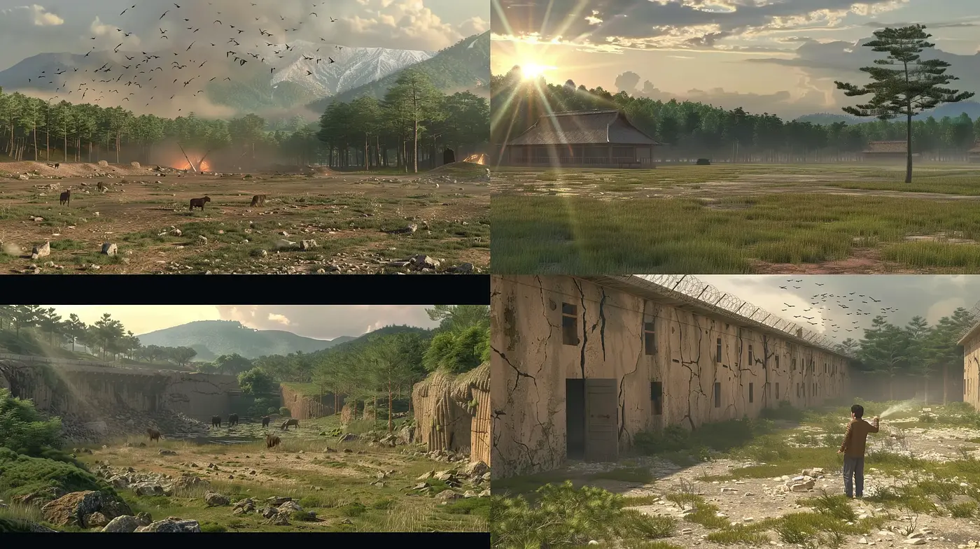 Lush and Desolate Visions: A Fusion of Serene Nature and Post-Apocalyptic Ruins - Midjourney sref style