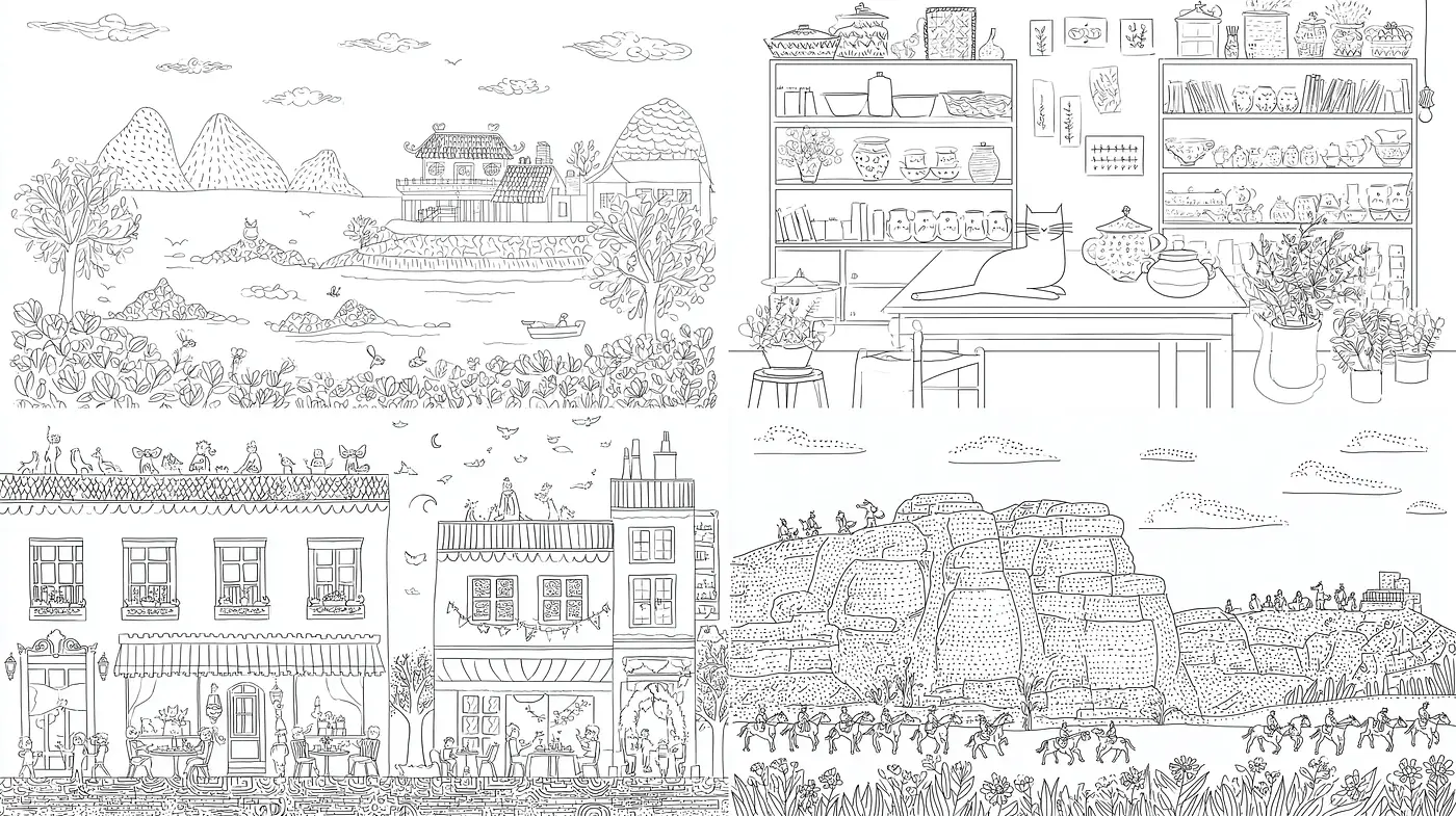Intricate Line Art Illustrations with Playful Charm - Midjourney sref style