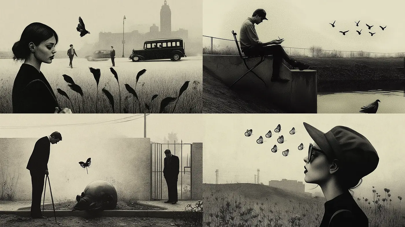 Monochromatic Elegy: The Melancholic Dance of Shadow and Light - Midjourney sref style