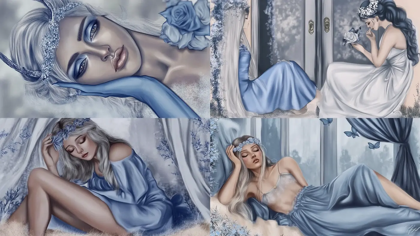 Ethereal Elegance in Monochromatic Blues: A Dreamlike Fusion of Realism and Fantasy - Midjourney sref style