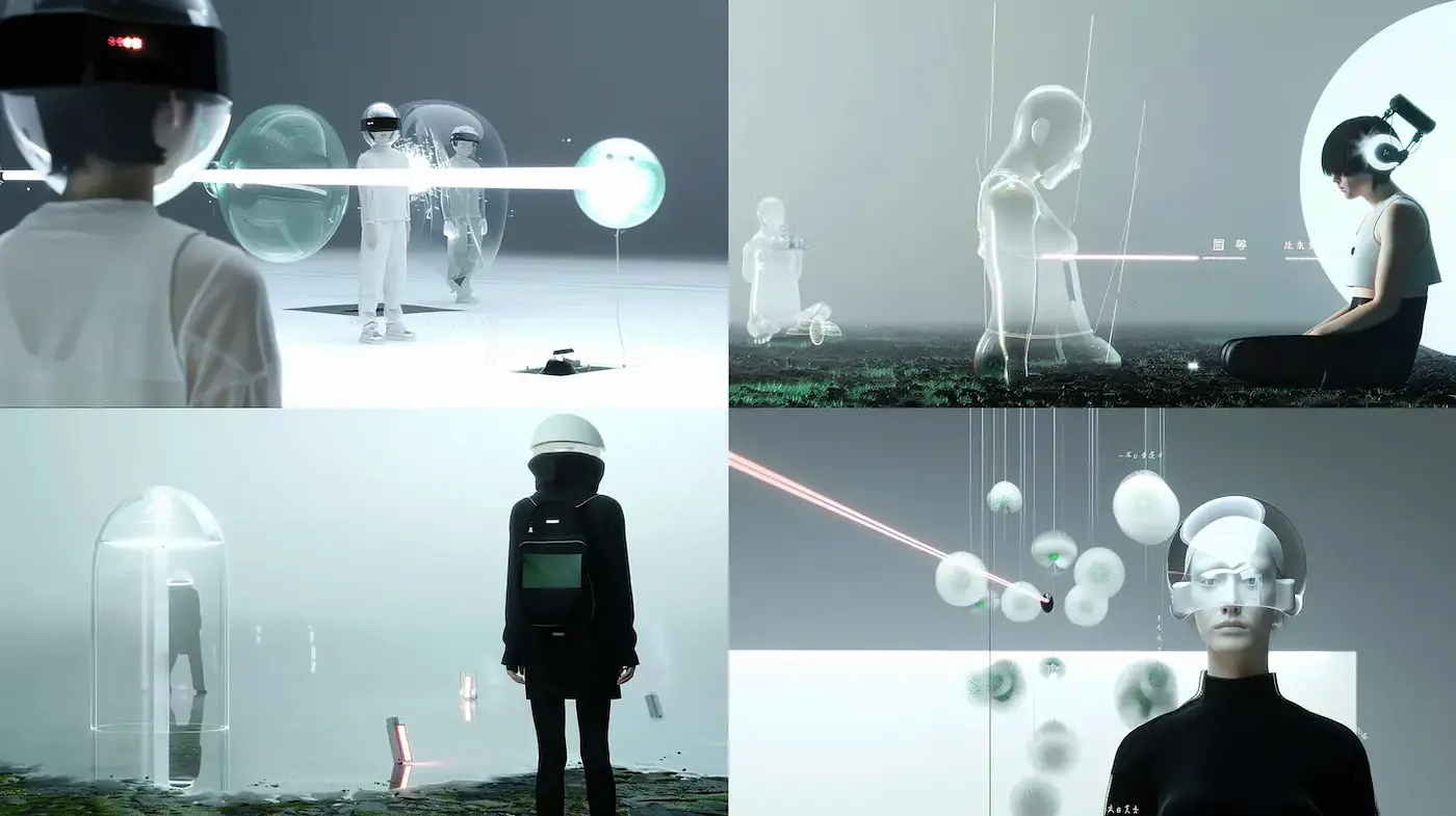 Futuristic Isolation with Ethereal Aesthetics in a Cybernetic Realm - Midjourney sref style