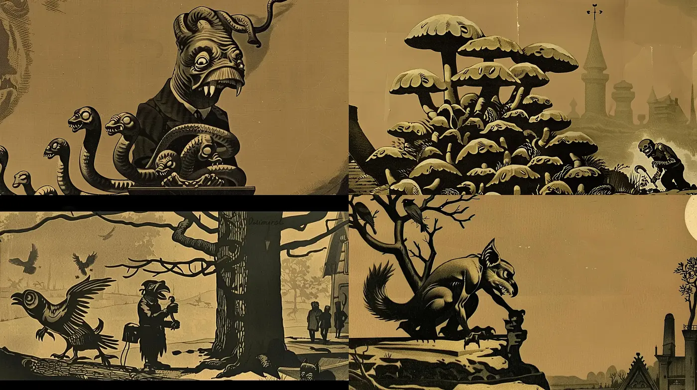 Sepia Toned Surreal Evolution of Mythos - Midjourney sref style