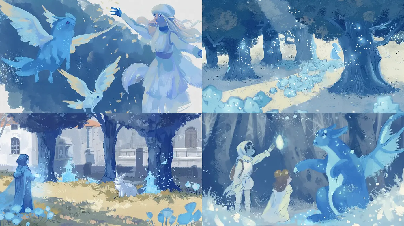 Enchanted Whimsical Blues of a Dreamlike Woodland - Midjourney sref style