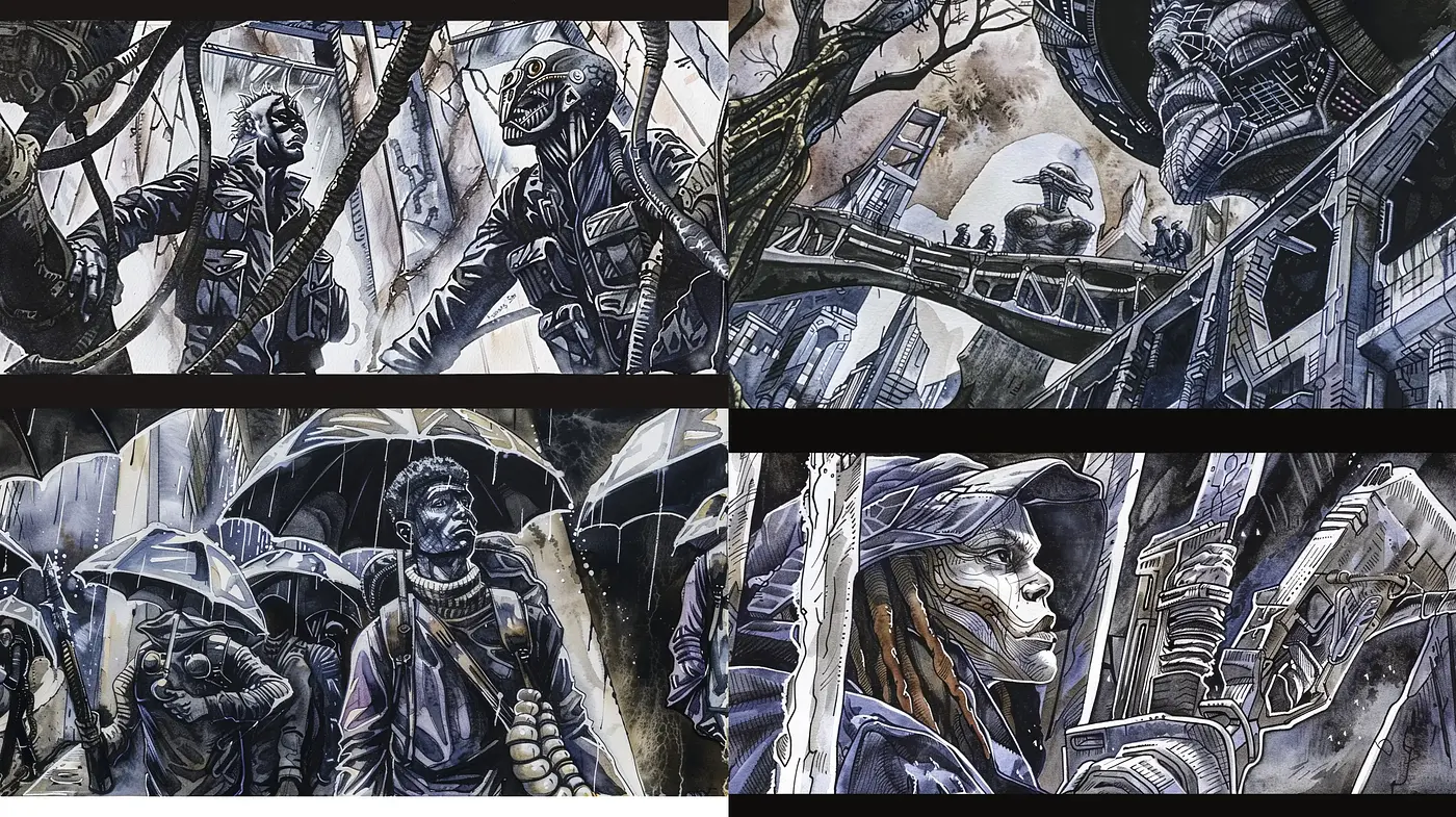 Gritty Futurism: Post-Apocalyptic Vision in Muted Earth Tones - Midjourney sref style
