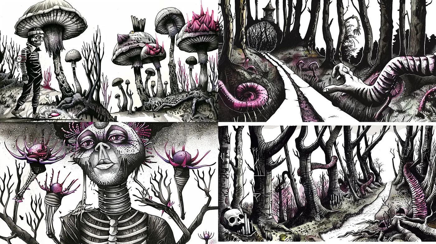 Enigmatic Whimsy in Monochrome with Vivid Accents - Midjourney sref style