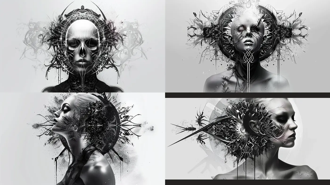 Monochromatic Ethereal Echoes with Graphic Surrealism - Midjourney sref style