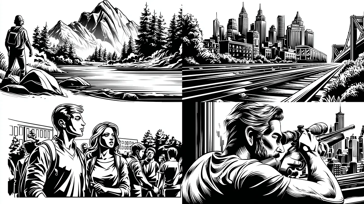Dynamic Black and White Graphic Narrative with Urban and Natural Elements - Midjourney sref style