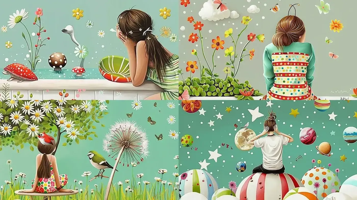 Cheerful and Whimsical Illustrations with Nature Motifs - Midjourney sref style