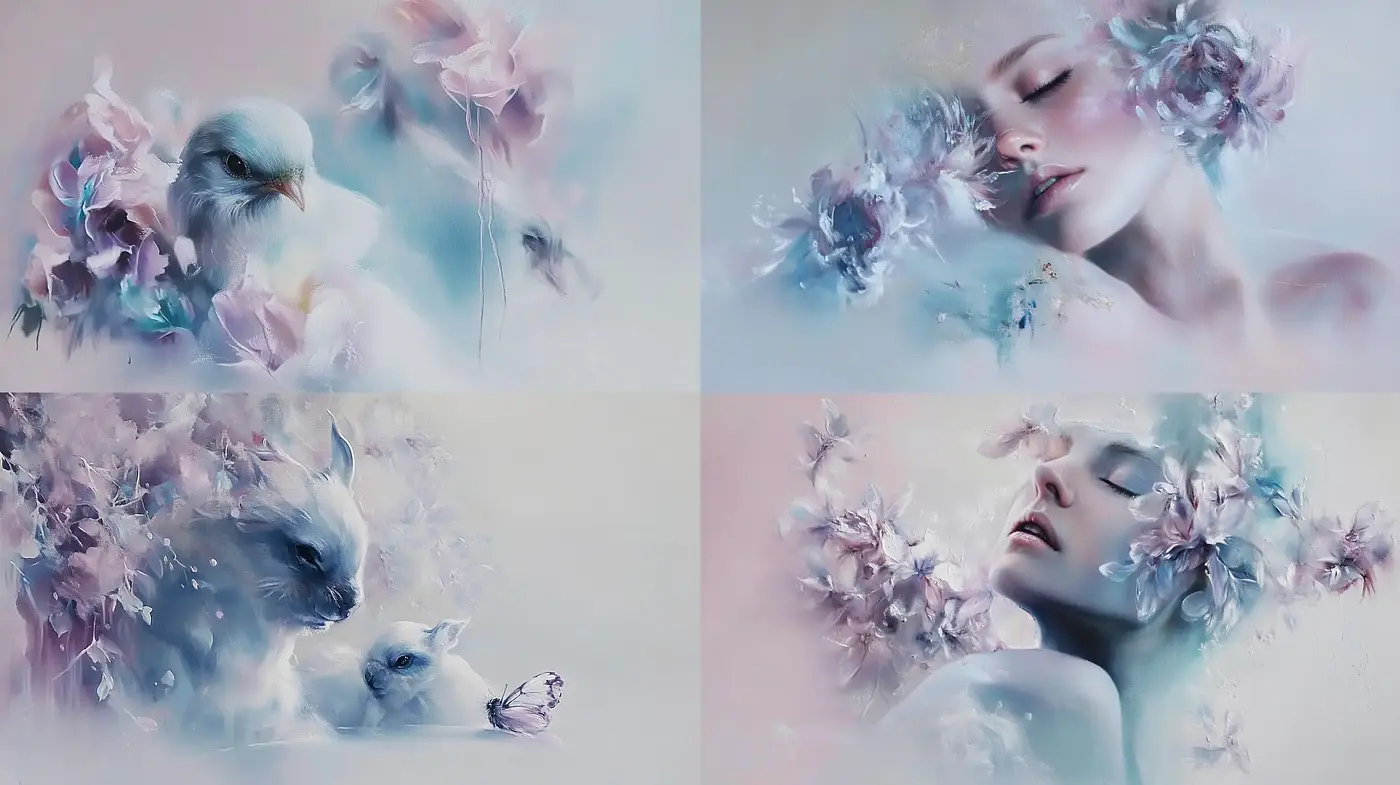 Ethereal Dreamscape Portraits with Pastel Bloom - Midjourney sref style