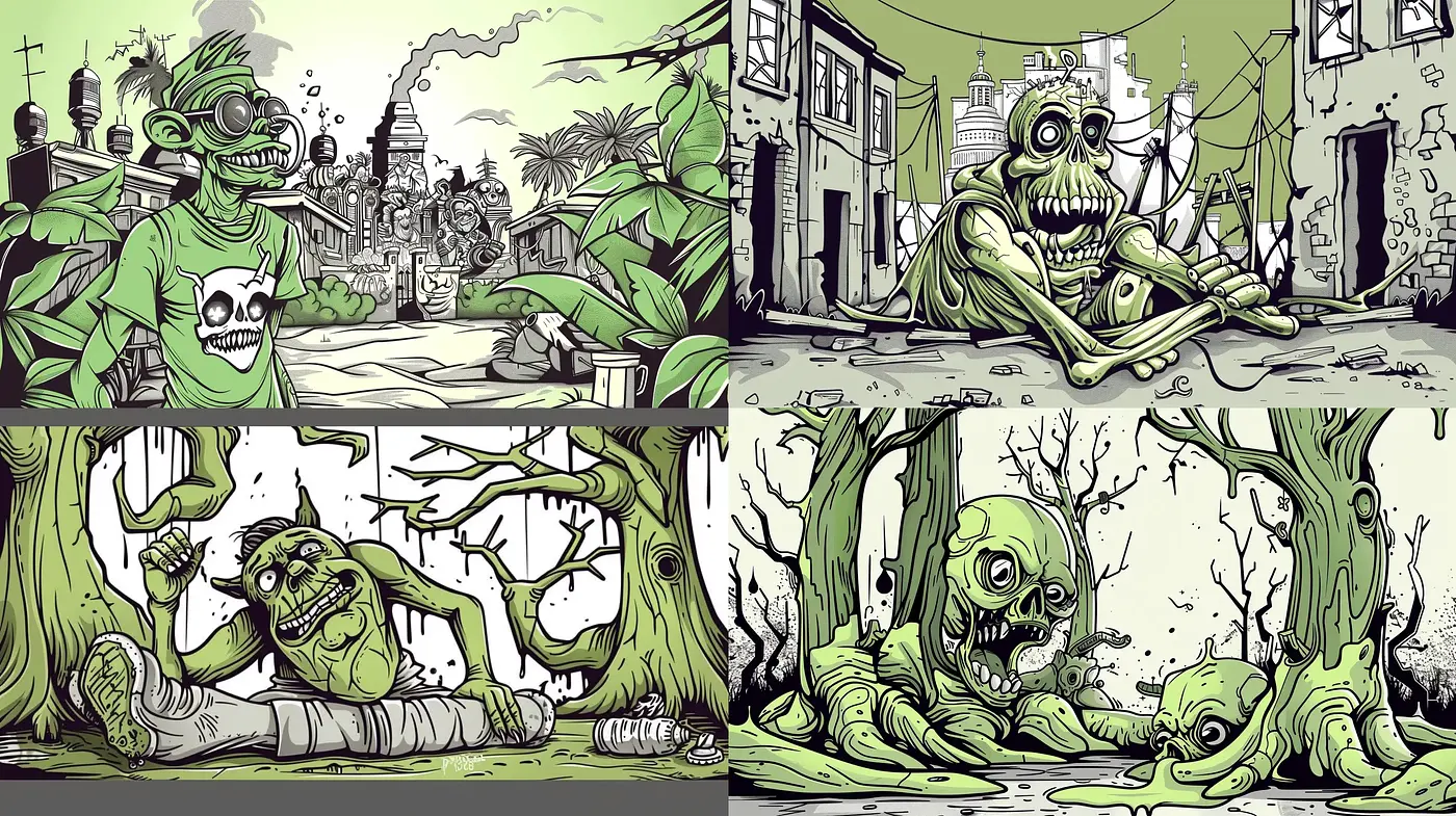 Grotesque Illustrative Fusion with Nostalgic Comic Undertones - Midjourney sref style