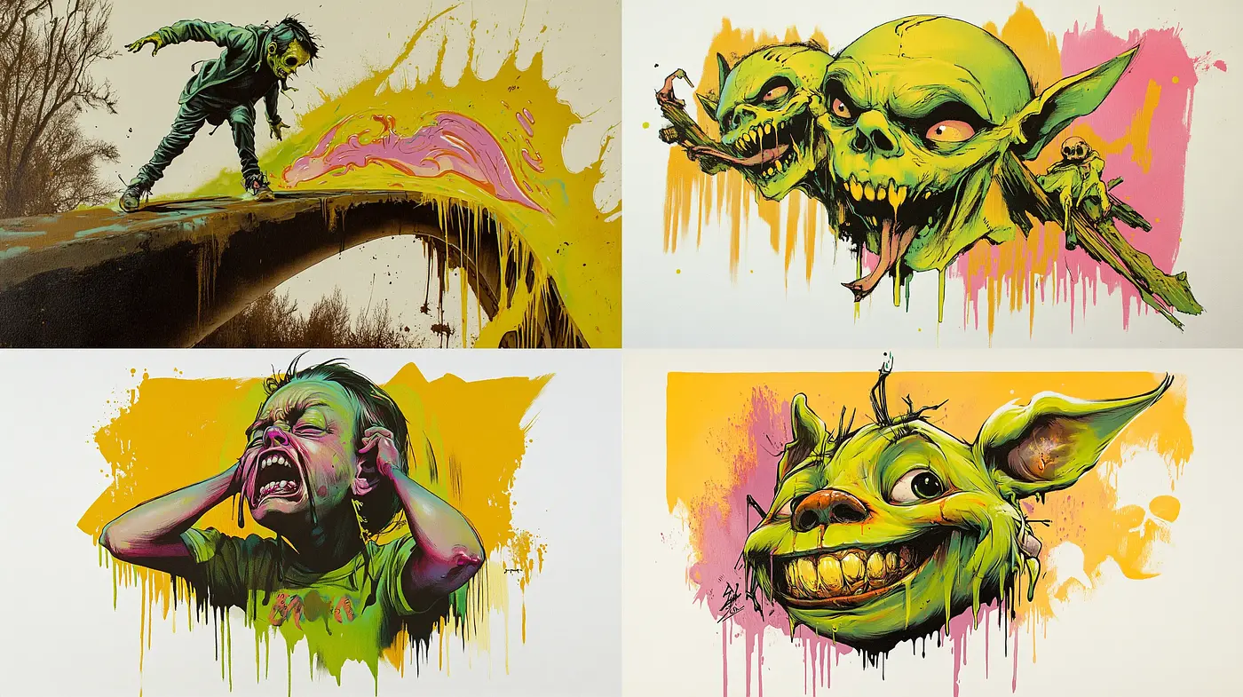 Dynamic Splatter and Vivid Expressionism in Modern Graphic Illustration - Midjourney sref style