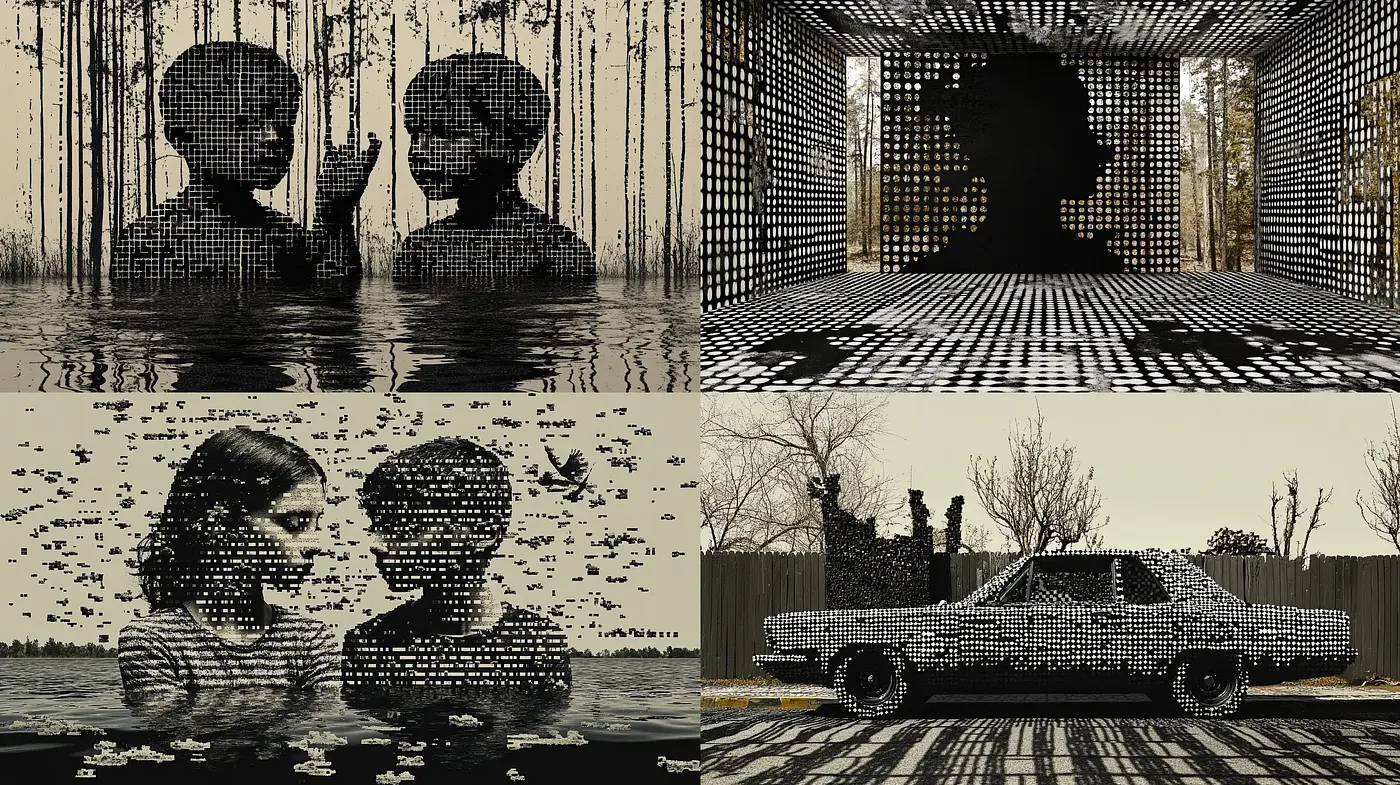 Monochromatic Melancholia: A Study in Stark Contrasts and Textured Shadows - Midjourney sref style