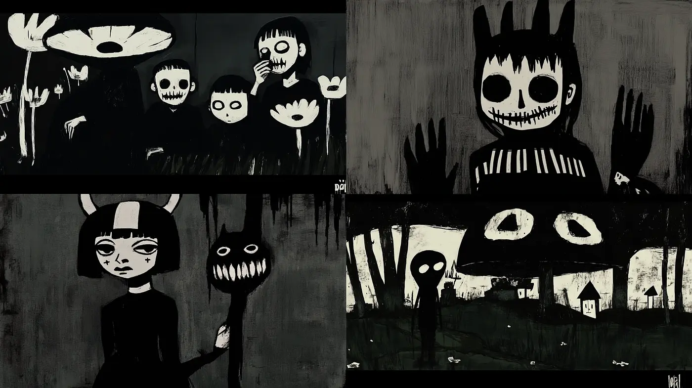 Monochromatic Shadows and Fantastical Forms - Midjourney sref style