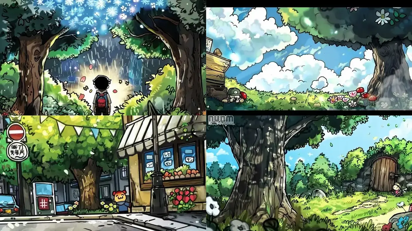 Whimsical and Vibrant Cartoon Landscapes with Nature Elements - Midjourney sref style