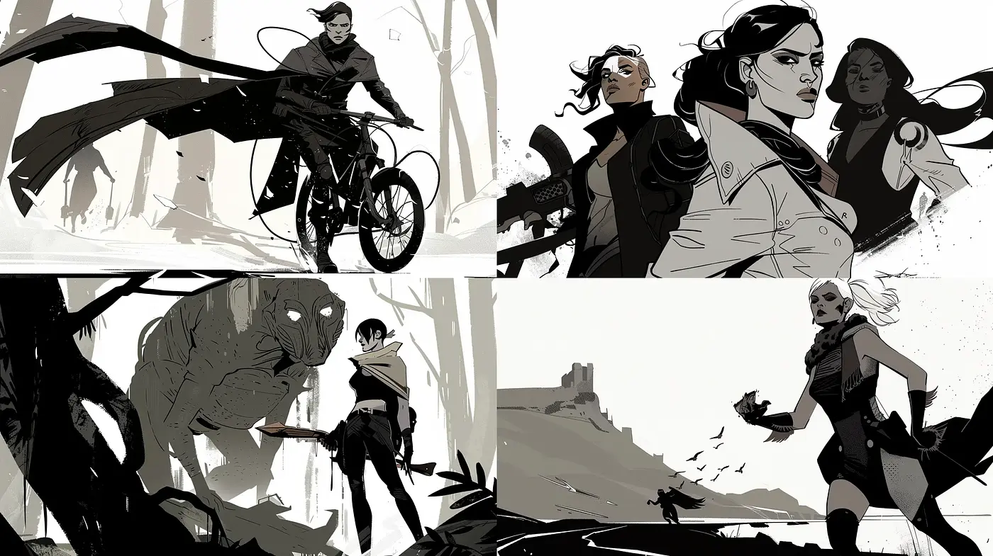 Monochromatic Dynamic Essence in Stylized Illustration - Midjourney sref style