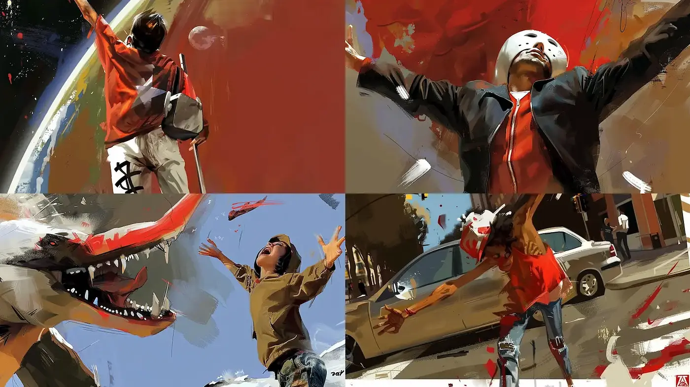 Dynamic and Expressive Illustrative Style with Abstract Elements - Midjourney sref style