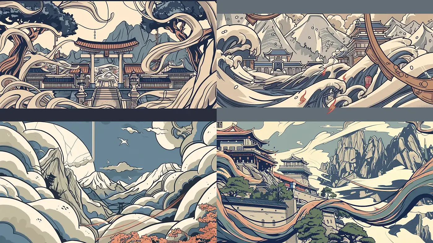Harmonious landscapes with flowing elements and serene atmospheres - Midjourney sref style